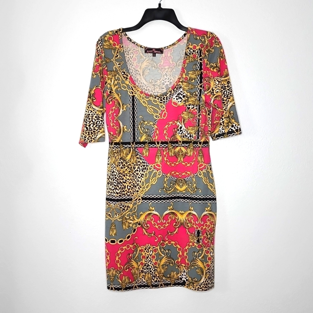 Almost famous dress pink and golds chain print